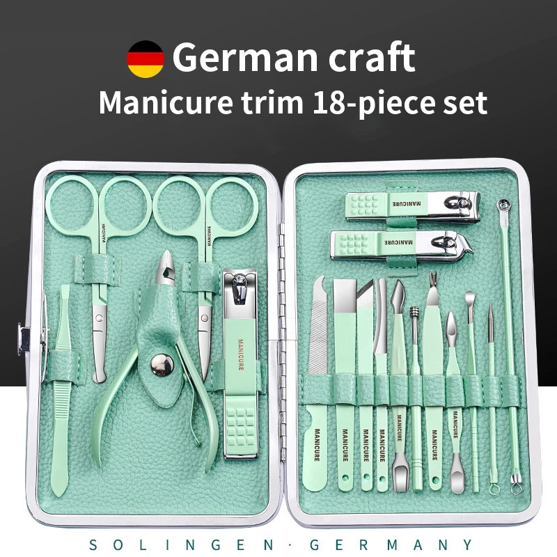 18 sztuk/worek przenośny zestaw do paznokci deluxe zestaw obcinaków do paznokci zielony pilnik do paznokci nożyczki do brwi narzędzi higiena osobistej