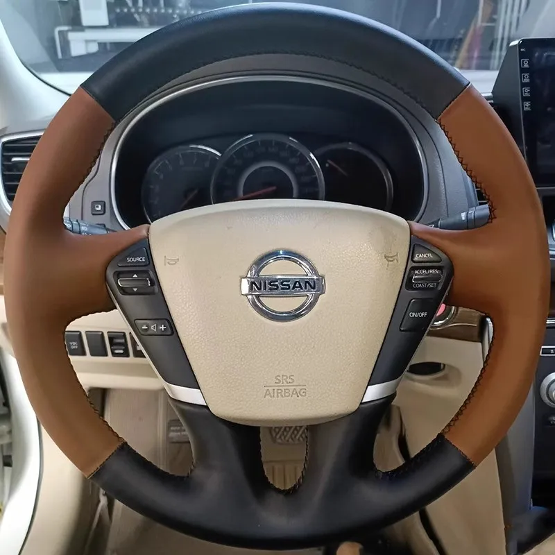 100% Fit For Nissan Teana 2008-2012 Murano 2009-2014 Hand-stitched Black beige Genuine Leather non-slip car steering wheel cover