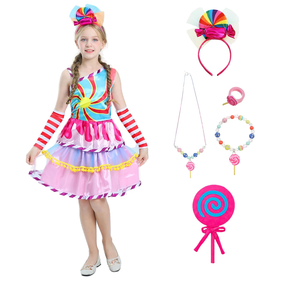 Kid Lollipop Rainbow Purim Festival Vestido Children Sweet Candy Cosplay Princess Dress Girl Halloween Carnival Birthday Outfits