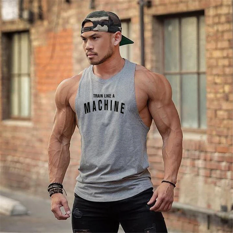 TRAIN LIKE A MACHINE Cotton Bodybuilding Tank Top Mens Workout Singlets Fitness Stringer Clothing Gym Sleeveless Shirt for Men