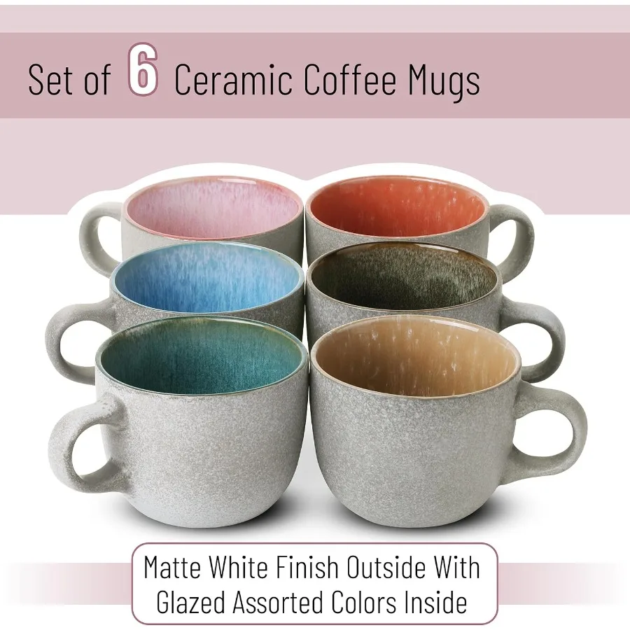 مجموعة من 6 أكواب قهوة سعة 14 أونصة للاستخدام اليومي وهدايا العطلات فناجين قهوة سيراميك متينة بتصميم أنيق مثالي لشركة Morning Co