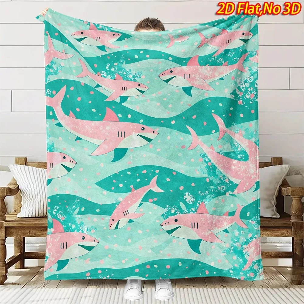 1pc 2D Flat Printing Spring & Summer New Arrival Comfortable Pink Shark Pattern Flannel Blanket, 100% Polyester Fiber HD Digital