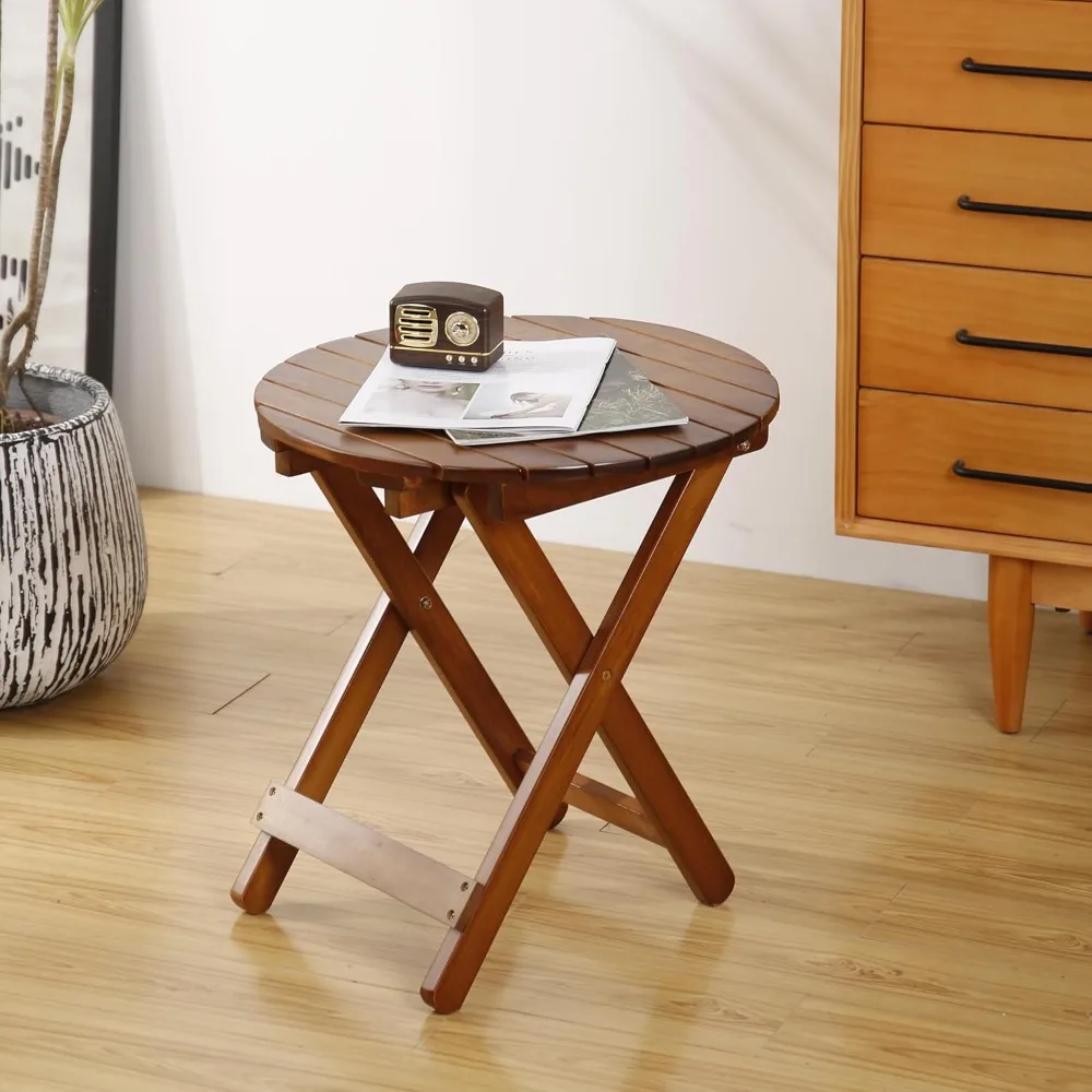 

Small Round Folding Side Table Set of 2, Patio Foldable Wooden Outdoor End Tables for Indoor Porch Camping Living Room
