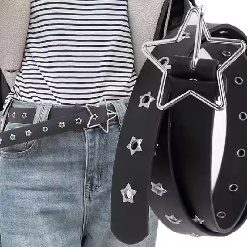أحزمة خمر للنساء فاسق حزام Y2K الإناث برشام حزام بولي Leather الجلود دبوس مشبك حزام البنطال الجينز حزام الخماسي العين برشام حزام