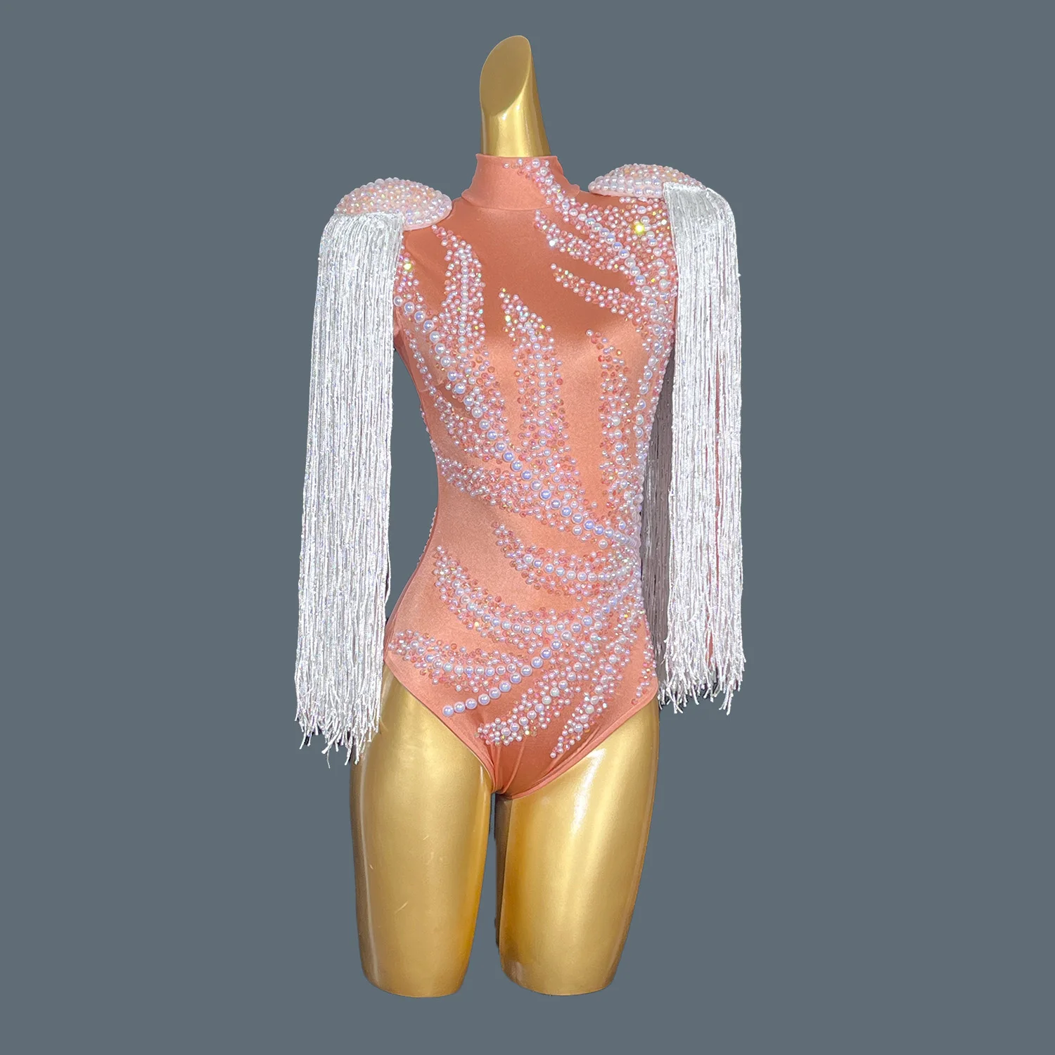 

Luxury Rhinestones Pink Spandex Bodysuit Sexy Diamond Beaded Tassel Birthday Party Stage Show Leotard Singer Wear Jianzhangliusu