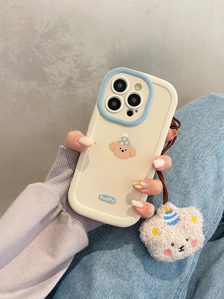 Cute Cartoon Puppy With Plush Lanyard Milk White Case For iPhone 11 12 13 14 15 16 Pro Max 15 Plus Silicone Phone Cover