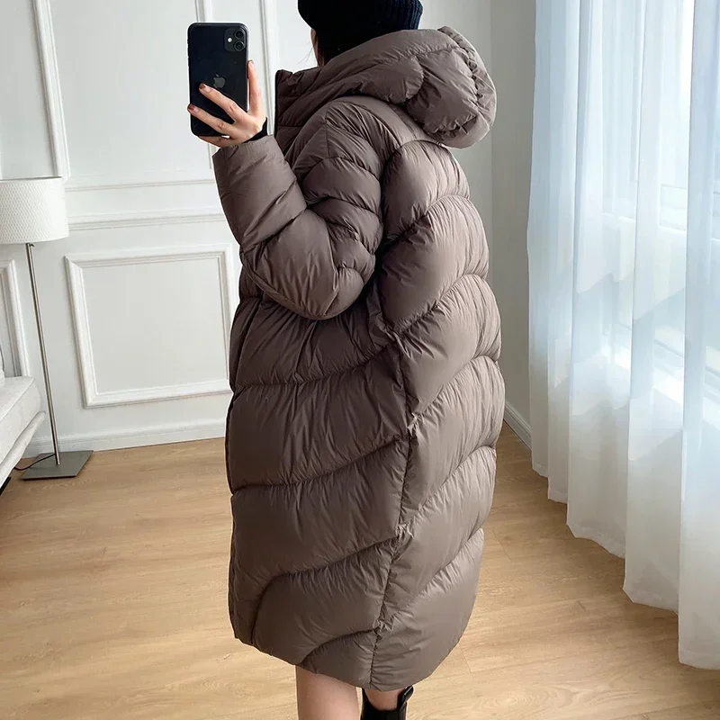 Simple Women\'s Winter Down Jacket Fluffy Warm Long Parka 2024 New High-end Cocoon Type Oversize Hooded White Duck Down Coat