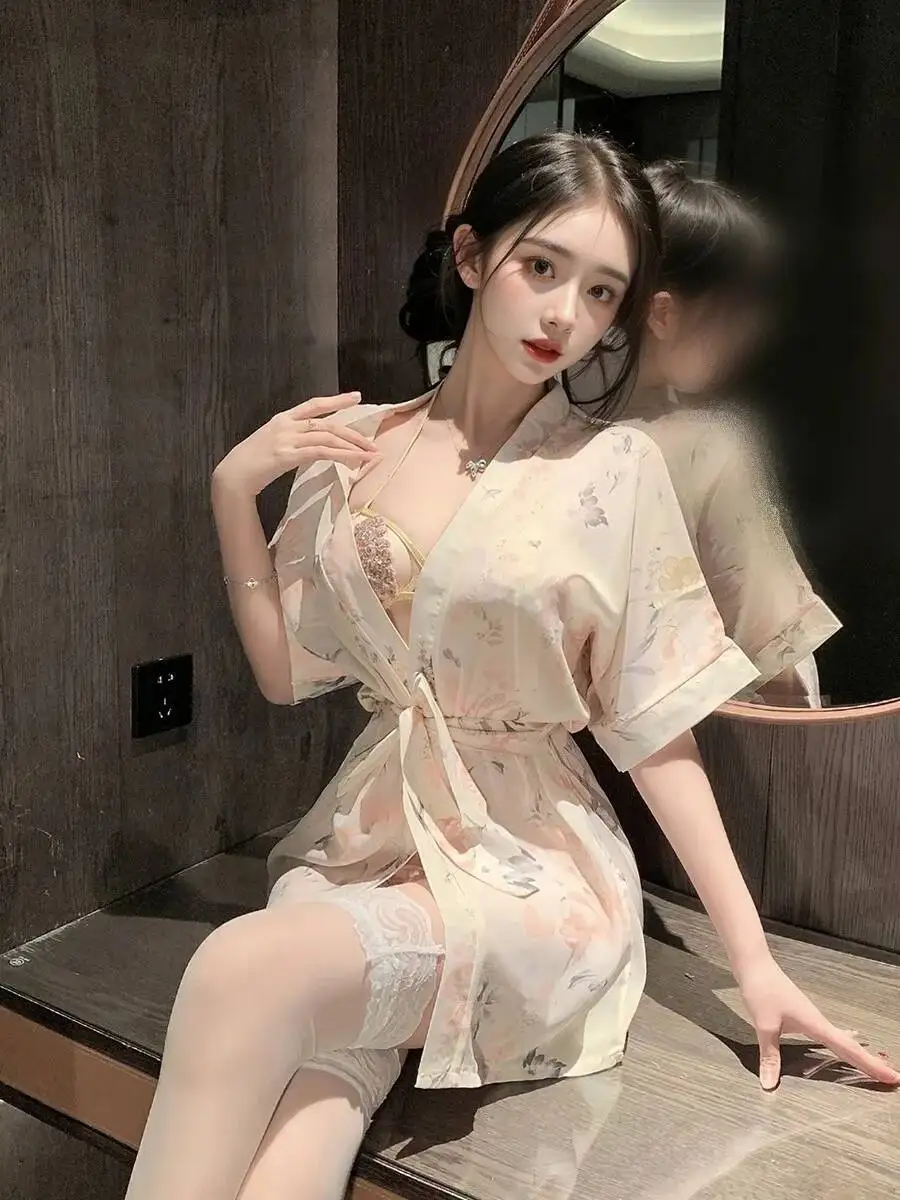 

Sexy Flower Print Robe Bikini Charming Short Sleeved Transparent Bikini Sets Elegant Pure Desire Casaul Style Bikini Sets 8WZP