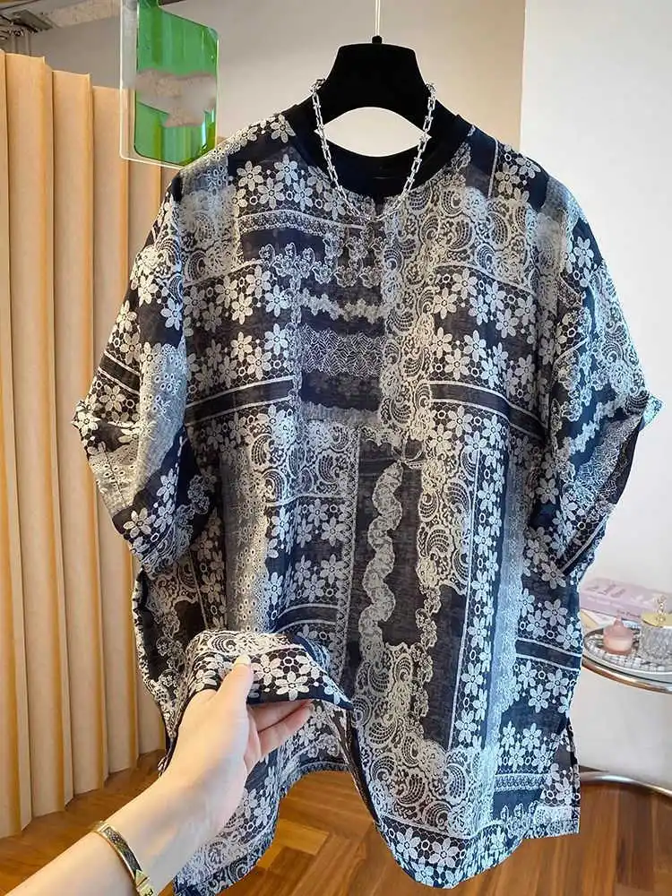 Vintage Printed Pattern Women's Short Sleeves Ethnic Style Large Sized Chiffon T-shirts Loose Chic All Match Leisure Top