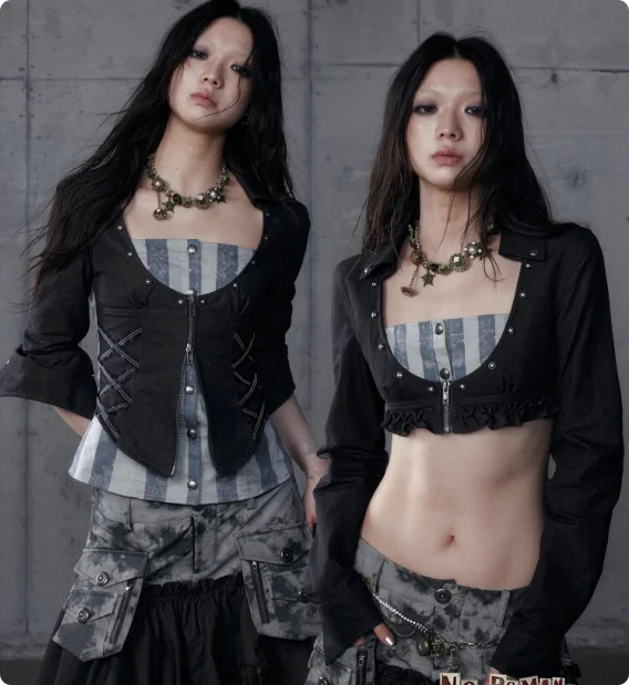 

NO ROMANCE, оригинальный дизайн, винтажная блузка в стиле панк-рок, дворец, искусственная двойка, тонкий принт, короткая блузка с низким воротником и длинными рукавами, рубашка