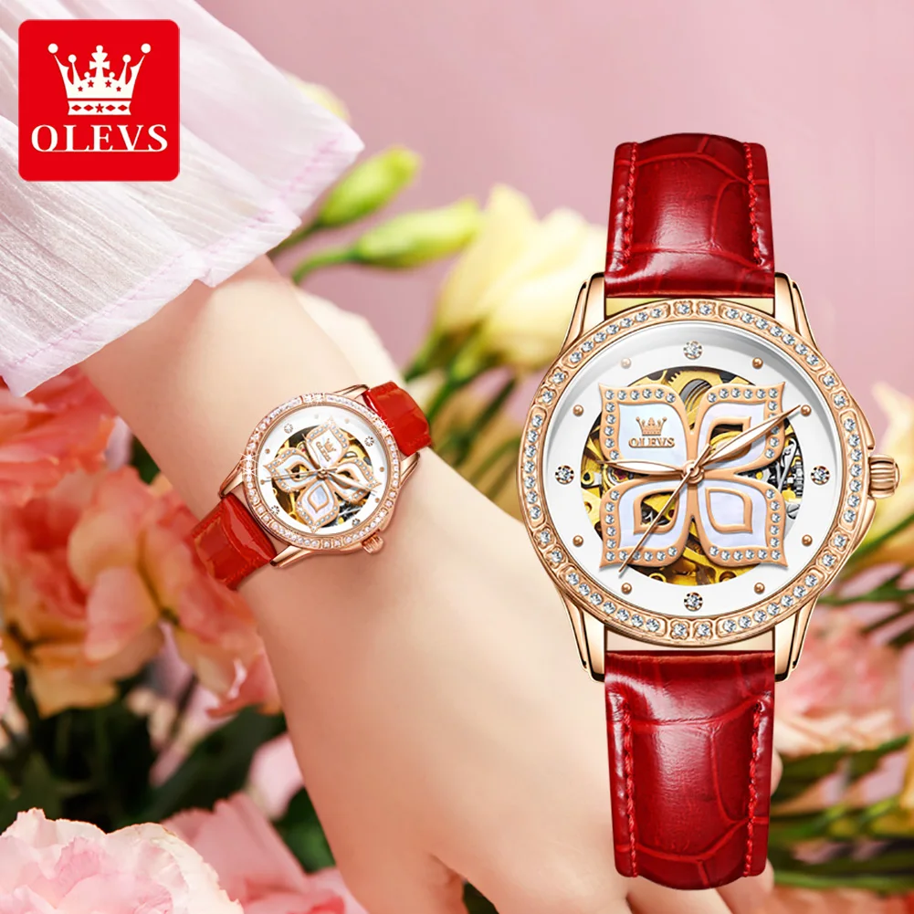 

Olevs Top Brands Luxury Women's Watches Mechanical Waterproof Leather Band Elegant Skeleton Flywheel Watch For Ladies Lover Gift