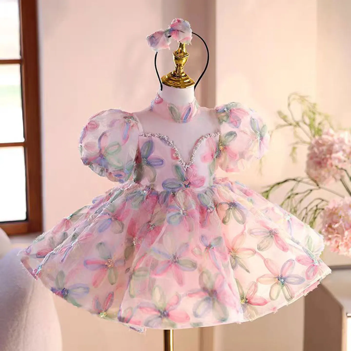 Jill Wish J471 Elegant Floral Pink Girl Dress with Bow Lace Princess Toddler Kids Wedding 1st Birthday Pageant Party Ball Gown