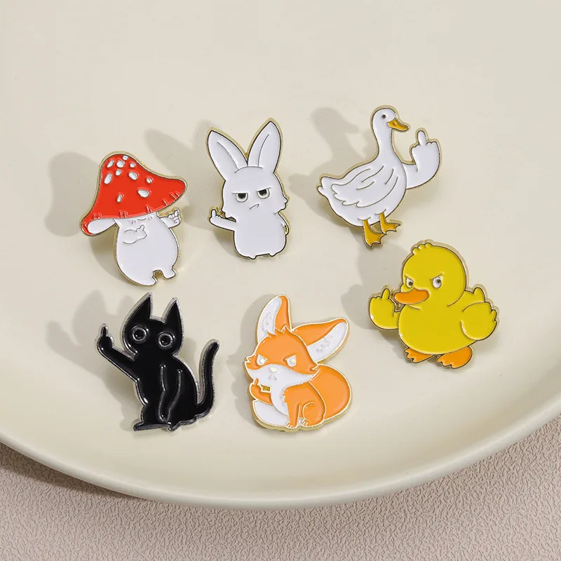 Custom Animal Rude Finger Brooches Lapel Badges Cartoon Fox Rabbit Duck Cat Jewelry Gift for Kids Friends Sarcastic Enamel Pins