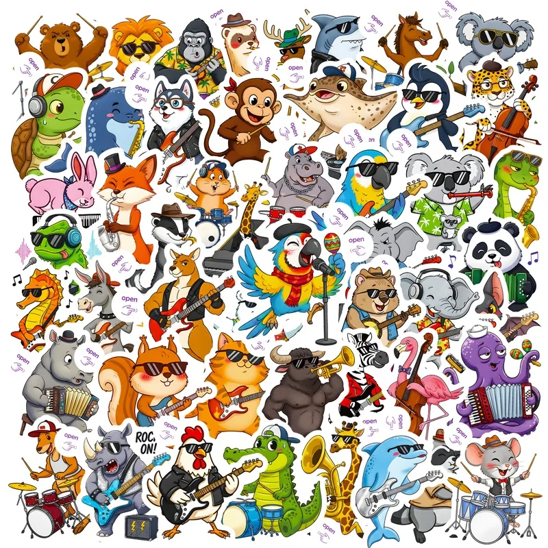 

10/30/50PCS Cartoon Playing Music Animals PVC Sticky Stickers Aesthetic DIY Phone Laptop Luggage Skateboard Graffiti Decals