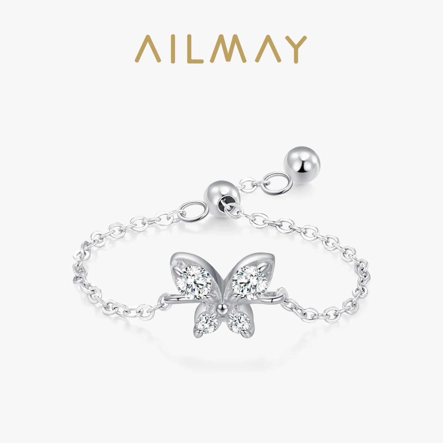 Ailmay 925 Sterling Silver Brilliant Butterfly Adjustable Chain Rings For Women Simple Design Ring Statement Jewelry Party Gift