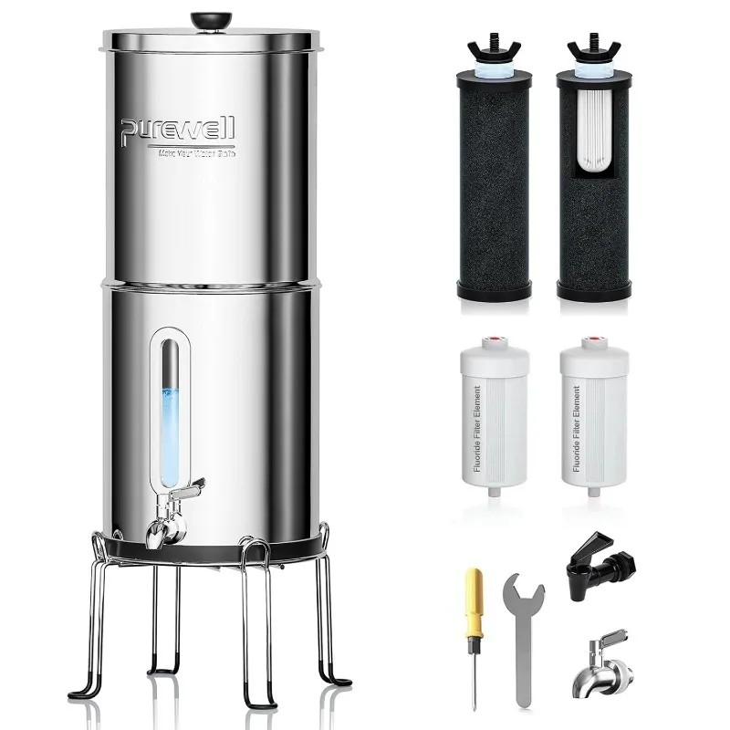 Gravity Water Filter System with Water Level Window, 8-Stage 0.01μm Ultra-Filtration Stainless Steel Countertop System with