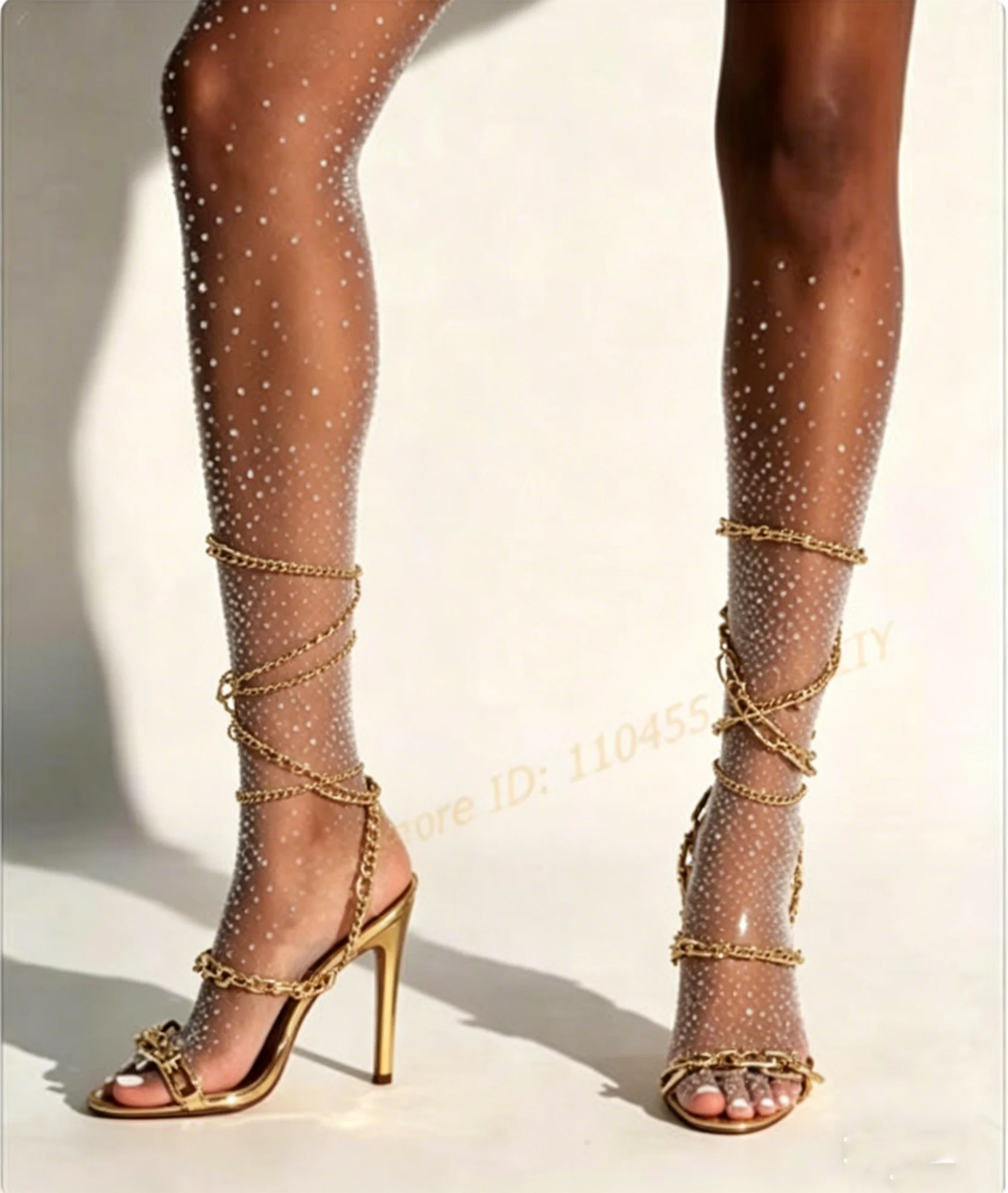 Metallic Gold Leather Thin High Heel Open Almond Toe Sandals Women Slim Stiletto Translucent Pvc Toe Foot Bands Party Shoes