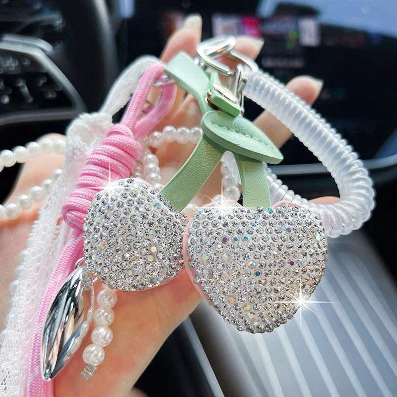 Cherry Heart Bow Keychain Delicate Beaded Keyring Car Key Holder Bag Pendant Decoration For Girls Gift
