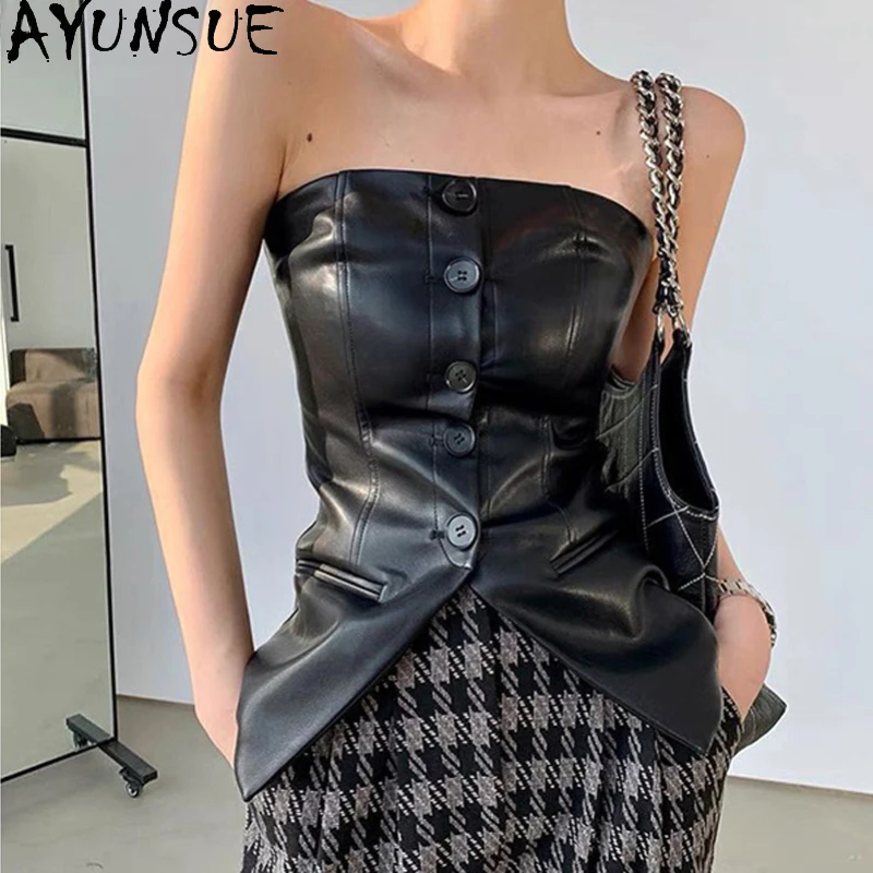 

AYUNSUE European American Sexy Tube Top Women Genuine Leather Slim Fitness Collarless Jacket Femme Chic Streetwear Corset