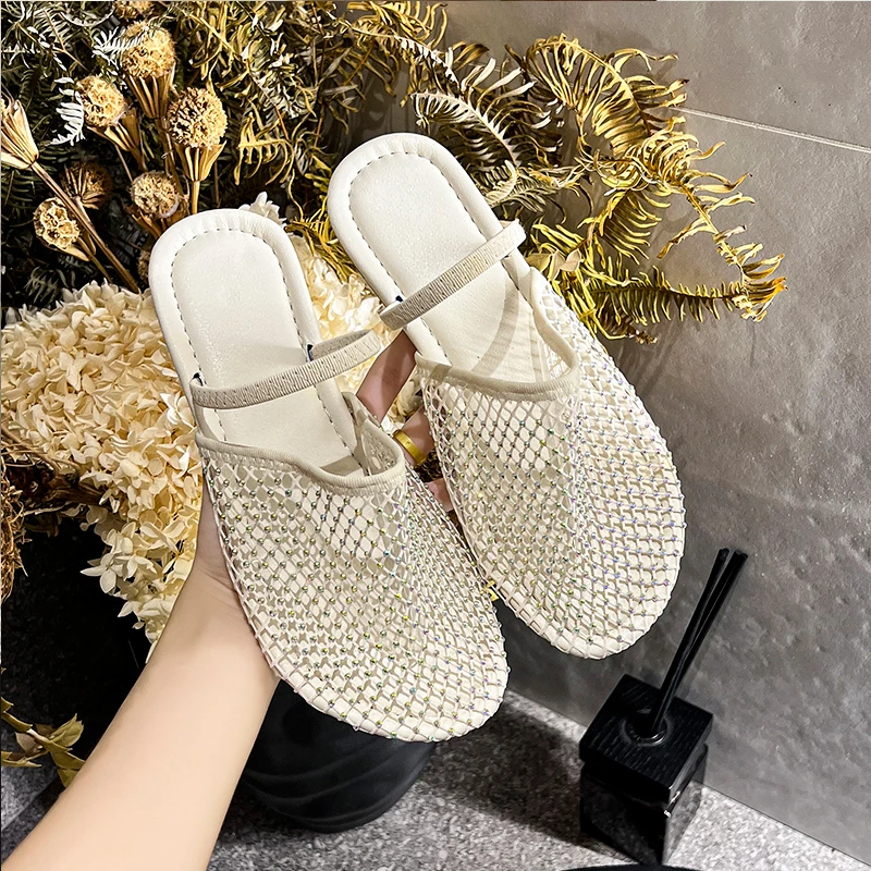 Nude Color Fishnet Mule Slides donna Luxury strass Mesh sandali piatti Ladies Summer Casual Net Shoes Plus Size