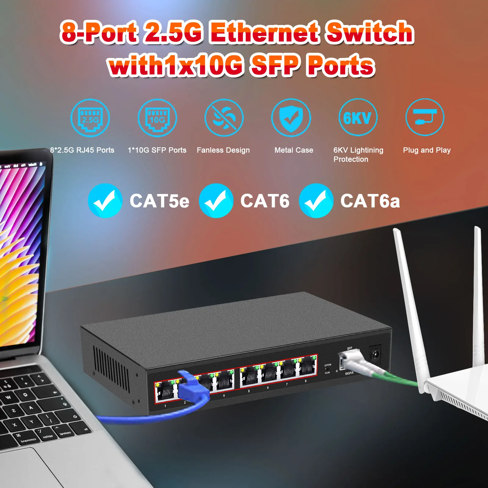 Volledige Gigabit Switch 8 Poorten 2.5Gbps Netwerkswitch 10Gbps Sfp Ethernet Unmanaged Switch Lan Rj45 Hub Voor Draadloze Ap/Wifi 6