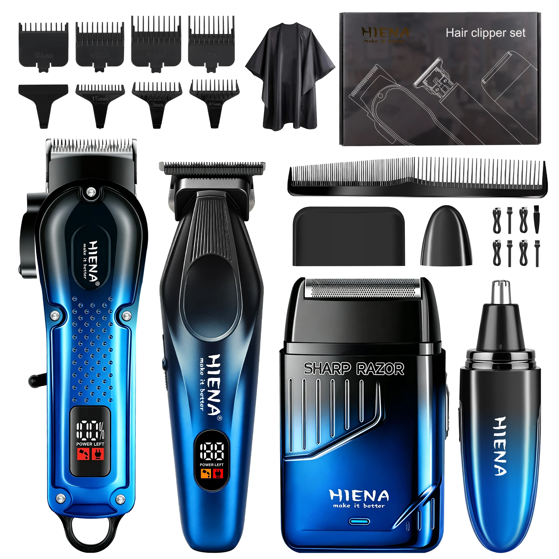 HIENA Gradient Blue 4in1 LCD Hair Clipper Set Cordless Trimmer Shaver Nose Trimmer USB Rechargeable Men Barber Grooming Kit