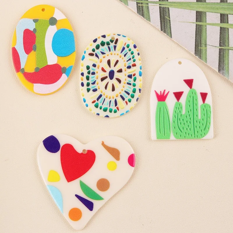 

Diy jewelry making 50pcs/lot color pattern print geometry ovals hearts shape acrylic beads fit garment pendant accessory