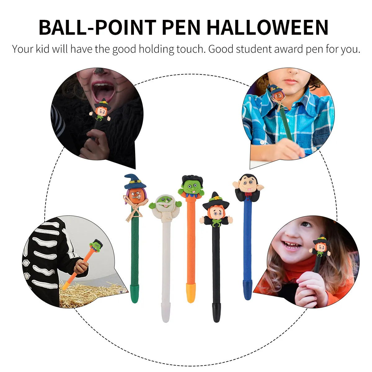 

5Pcs Funny Halloween Ballpoint Pens Soft Polymer Clay Material Colorful Cartoon Style for Children Boys Girls Student Reward
