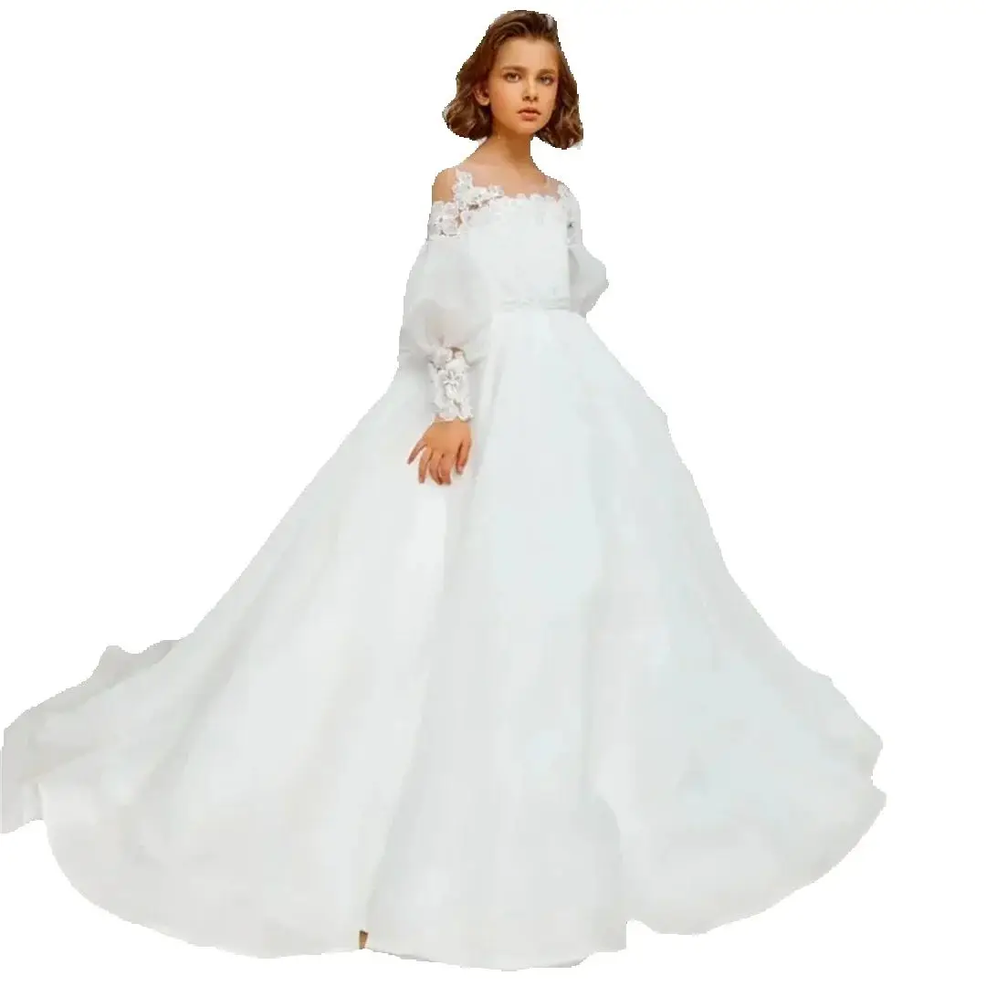 Vestidos de comunión personalizados con lazo de manga larga para boda, cumpleaños, noche, banquete, vestidos de flores santa para niña, flores blancas