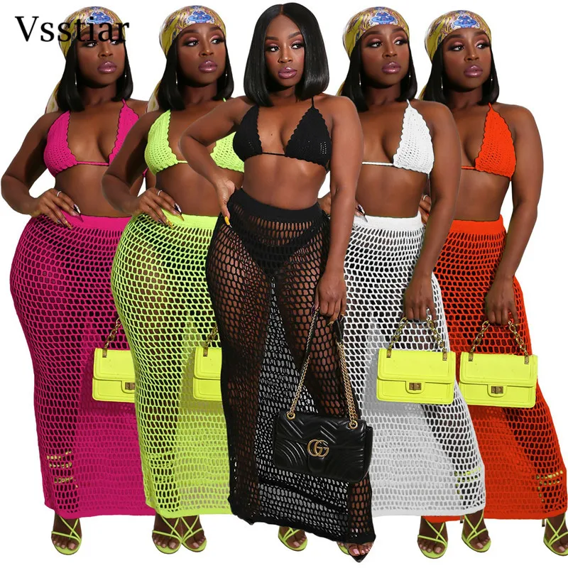 Vsstiar-mulheres crochê malha duas peças set, sexy, aberto, roupas de praia, biquíni cover-up, sutiã de férias e saias longas