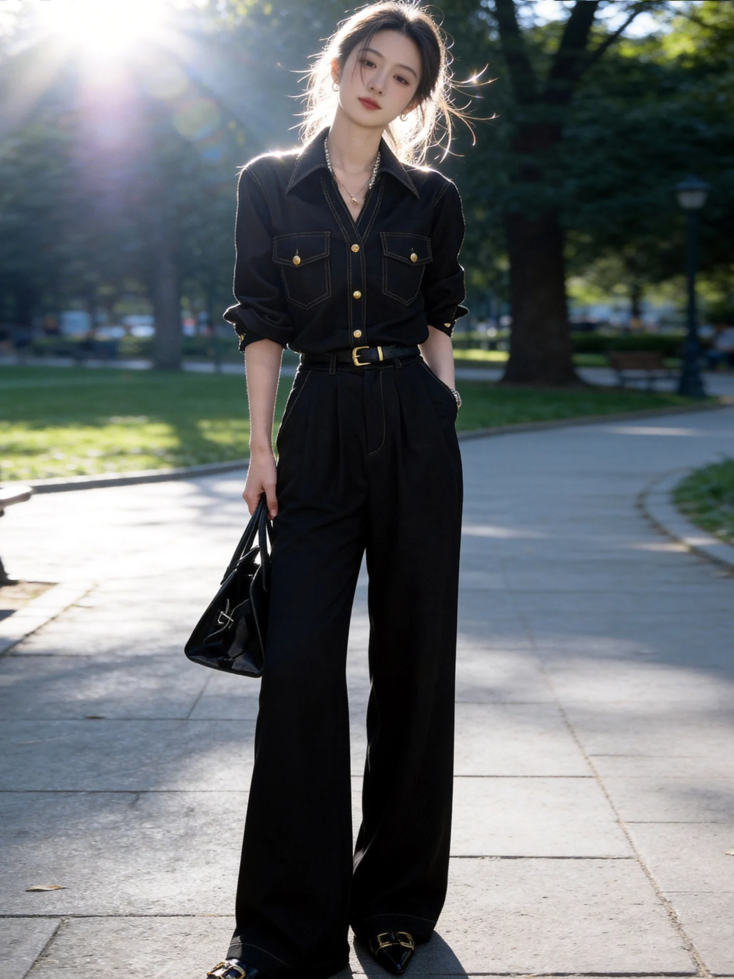 Casual Black Korean Style Fashion Set High Waist Wide Leg Pants  Shirt Spring Autumn New Arrival Elegant Trendy Women's Suit
