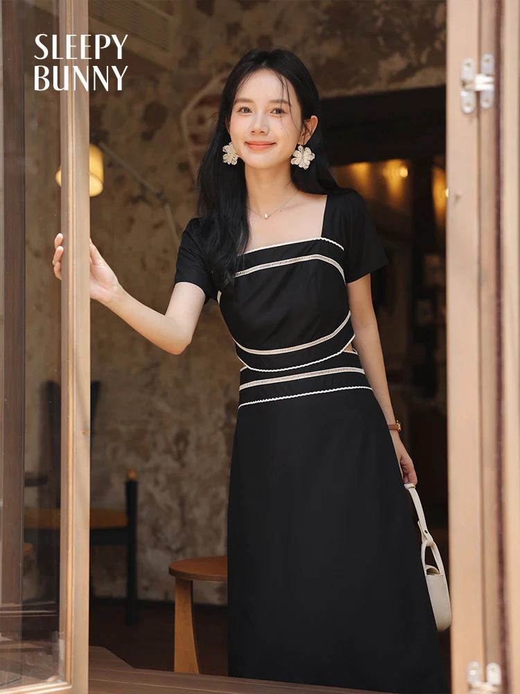 Elegant Lace Hollow Out Black Midi Dress for Women Summer Slim Fit Short Sleeve A-Line Gown Chic Waist Cutout Patchwork Outfit