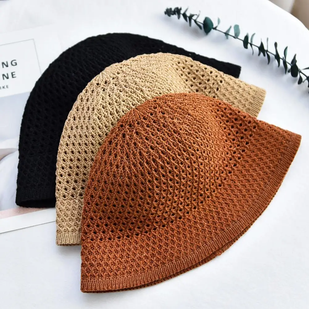 Summer Sun Hat Crochet Floppy Collapsible Dome Bucket Hat Hollow Pure Color Simplicity Soft Beach Caps For Women Onesize N6P3