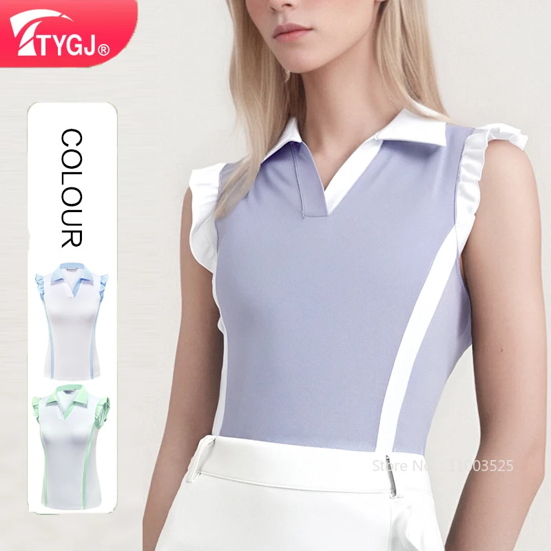 TTYGJ Quick Drying Golf Polo T Shirt Women Sleeveless Ruffle Tank Top Fly Sleeve Stretchy Shirts Lady V-Neck Sports Clothing