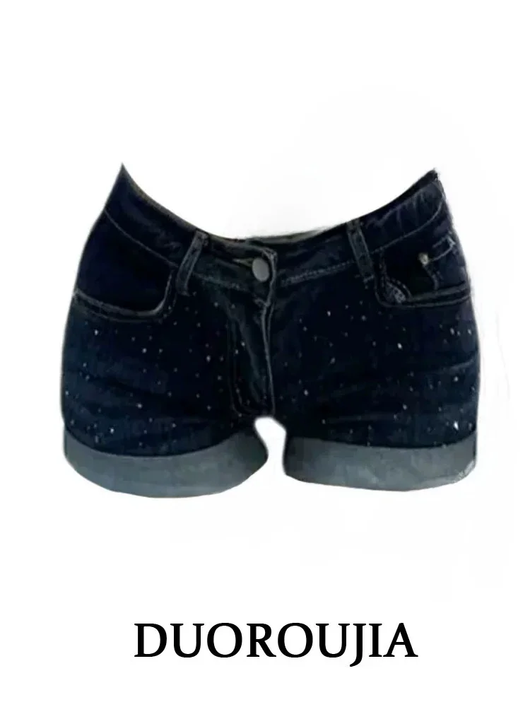 

plus Size Denim Shorts Sexy Slimming Low Waist Blue Diamond Embellished American Style Women's Fashion plus Size Shorts