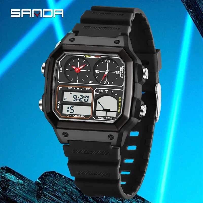 SANDA Men Luxury Electronic Watch Fashion Sport Multifunctional Waterproof Watch Dual Display LED Luminous Outdoors Casual Watch