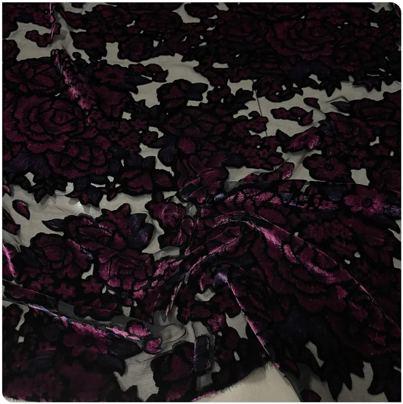 Dark Purple Hollow Silk Velvet Mulberry Silk Cotton Velvet Cloth Dress Cheongsam Shirt Short Sleeve Clothing Fabric