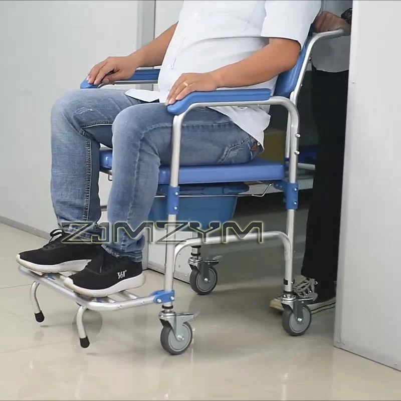 Foldable 4-Wheel Brake Shower Wheelchair Thick Aluminum Bath Seat with Anti-Slip Pedals Elderly Transfer Assist System