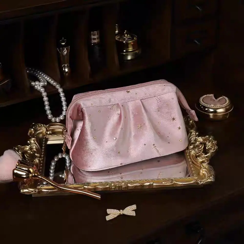Bronzing Stars Velvet Cosmetic Bag Large Capacity Zipper Travel Toiletry Bag Handbag Wash Pouch Shell Shape Makeup Case