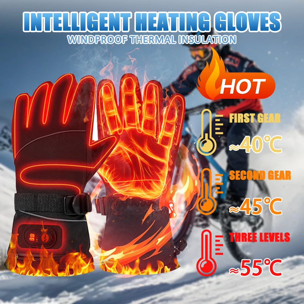 Heated Gloves 7.4V 3000MA Bicycle Heated Gloves Windproof Rechargeable Motorcycle Gloves Touchable Palm Anti Slip Ski Gloves