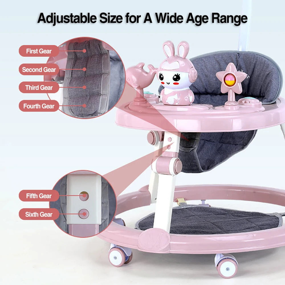 AnGku Baby Walker with Music Toys Foldable Activity Baby Walker with Anti-Roll 6-Wheel Round Chassis 6-Speed Height Adjustment