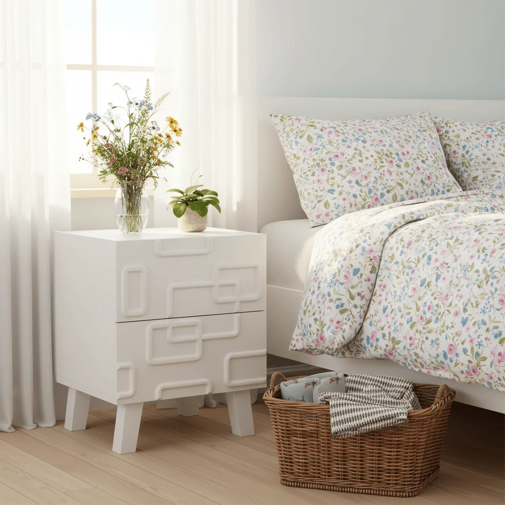 

Modern White Nightstand with 2-Drawer Storage - Mid-Century Bedside Table with 3D Geometric Fronts,, Space-Saving Sofa/Side Table for Small Spaces, Assembly, - & Smooth-Gliding Drawers (Bedroom