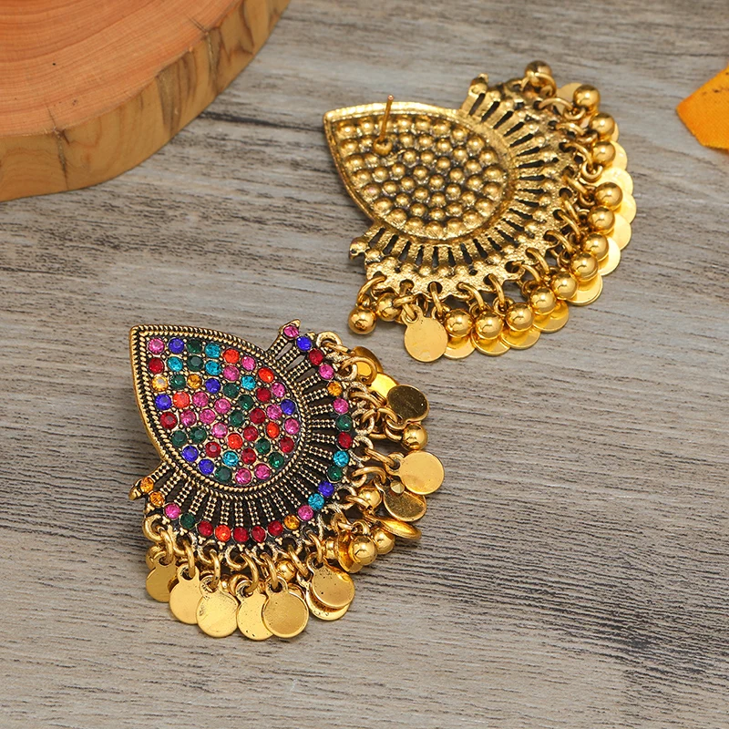 Vintage Indian Feng Shui Droplets Full of Diamonds, Colorful Tassel Round Plate Ball Earrings