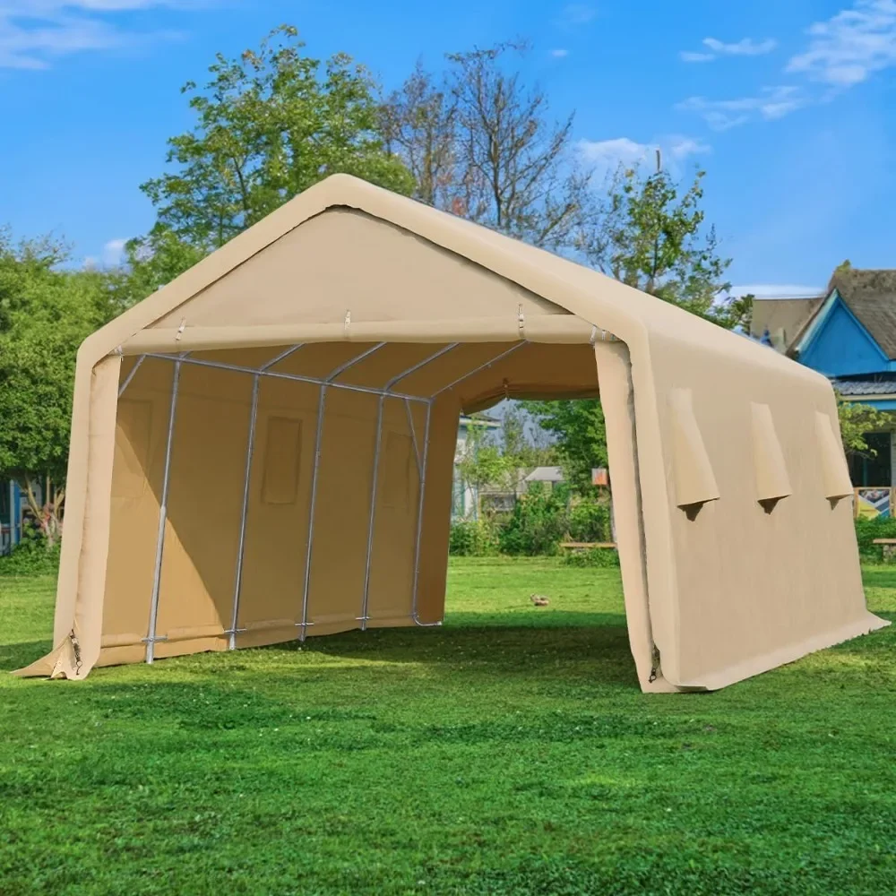 

13x20 ft Garage Tent Carports with 2 Roll up Doors & Vents Outdoor Portable Storage Shelter for Vehicle Truck Boat Beige