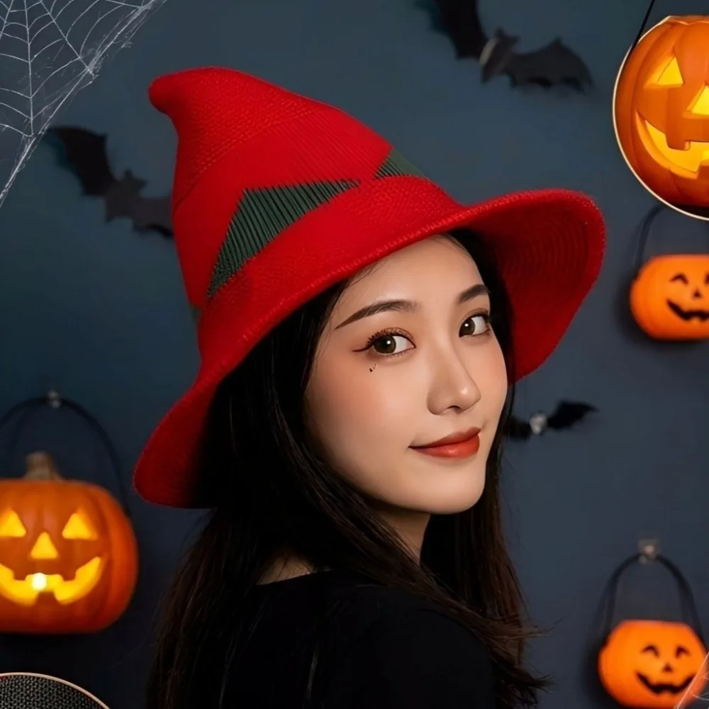 Cute Wide Edges Witch Hat Spire Soft Knitted Wizard Cap Foldable Breathable Halloween Hat Halloween Party