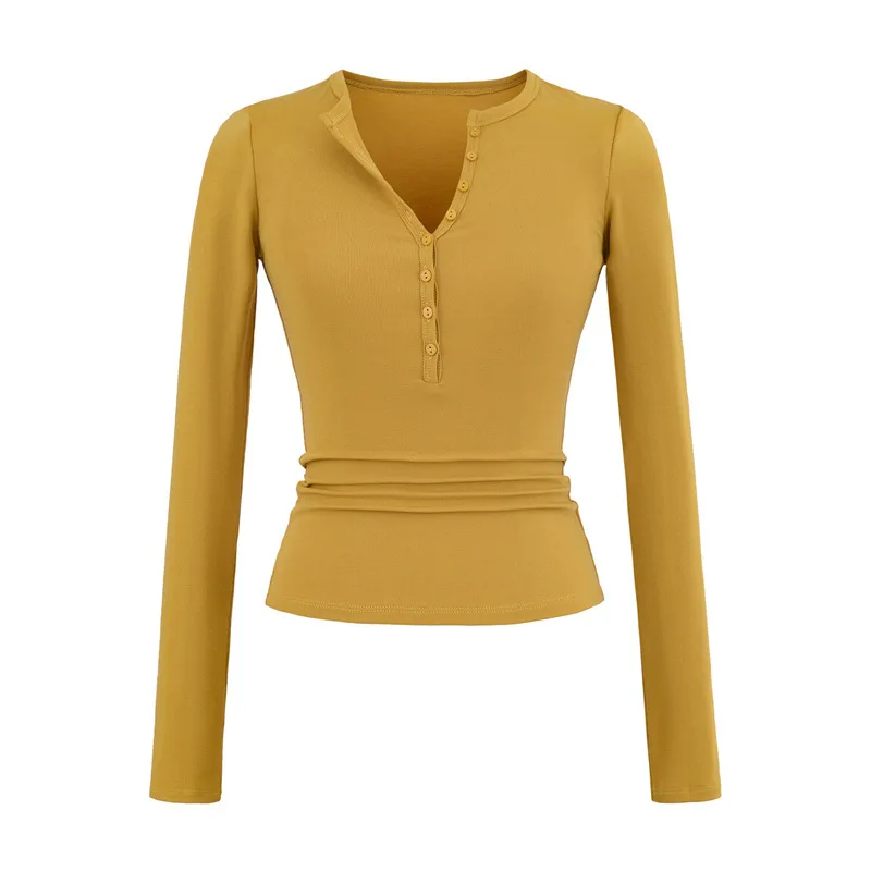 

2025 Autumn and Winter Hot Selling Semi Open Collar Button Solid Color Slim Fit Cotton Base Top for Women