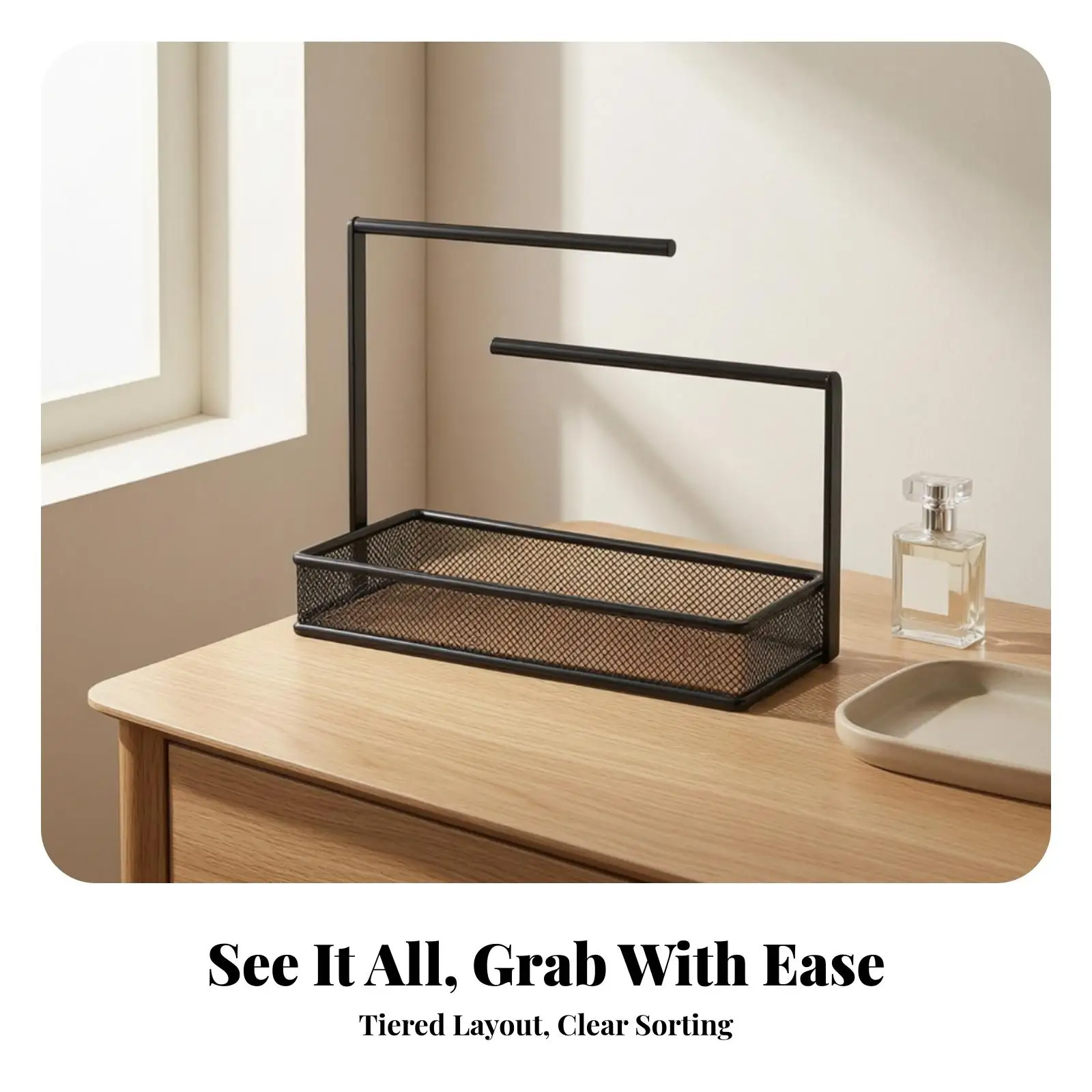 Compact Necklace Hanger with Wooden Tray Jewelry Organizer Stand for Bracelets Earrings Rings Watches Dresser Display Rack