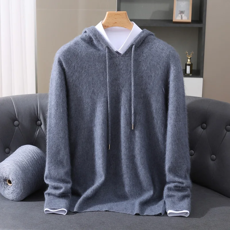 Men's hooded sweater autumn winter 100% mink cashmere sweater casual knitted pullover long-sleeved solid color loose knitted top