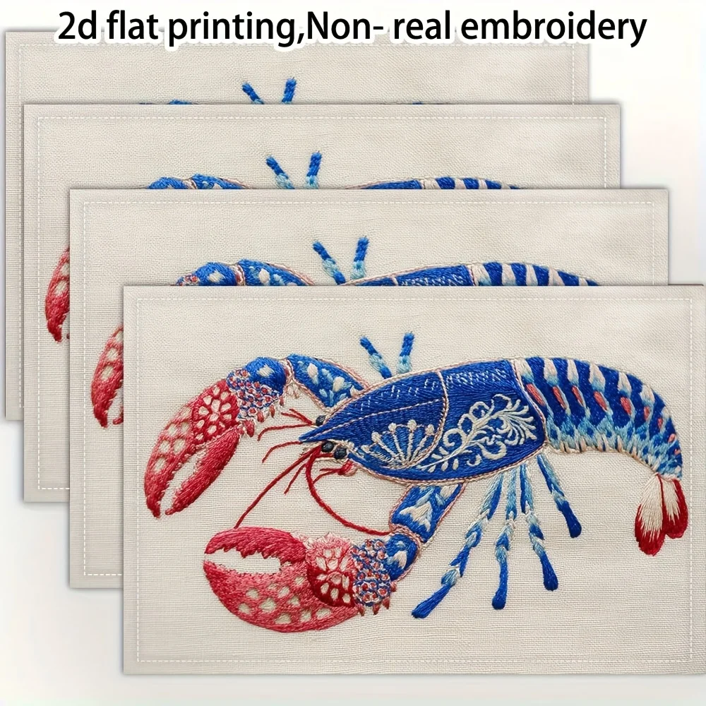 2D Flat Lobster Placemats Set of 4 Seafood Theme Red Blue Crab Print Table Mats Linen Decor for Coastal Kitchen Beach House