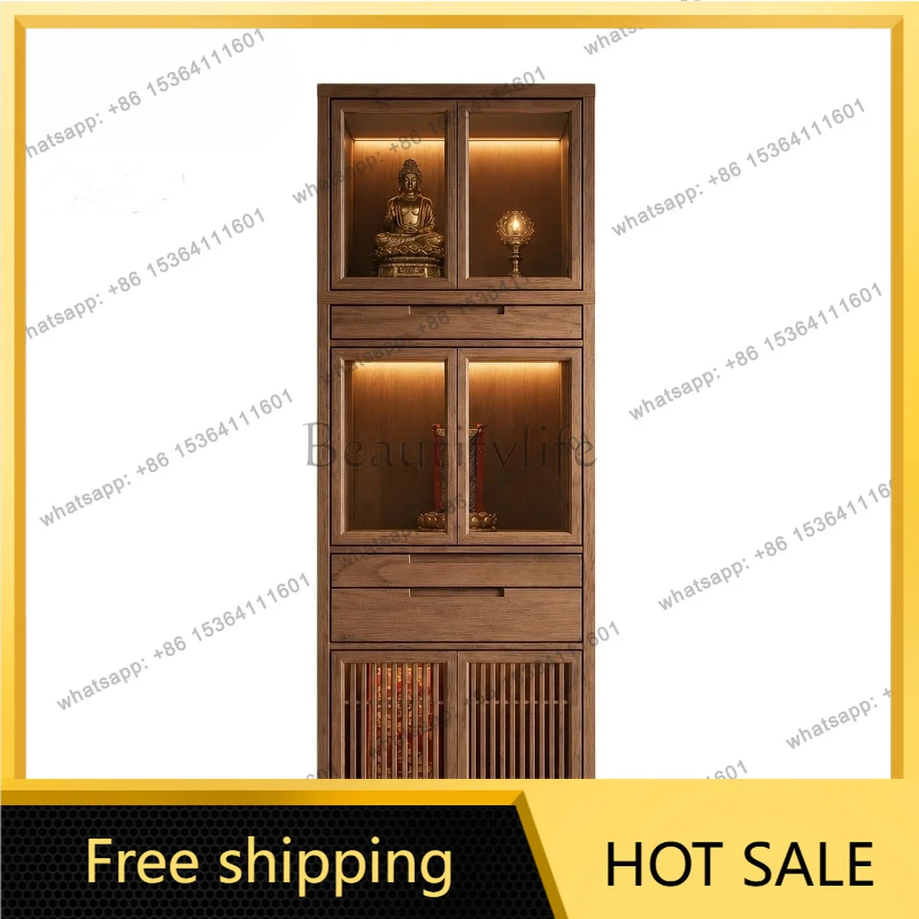 YJ Small Three‑Tier Solid Wood Standing Shrine Cabinet New Chinese Household Altar Cabinet For Guanyin Buddha Home Worship